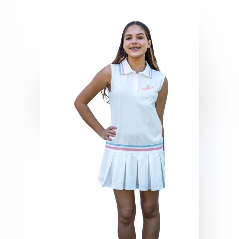 White polo style button collared tennis dress with pink and blue stripes size M